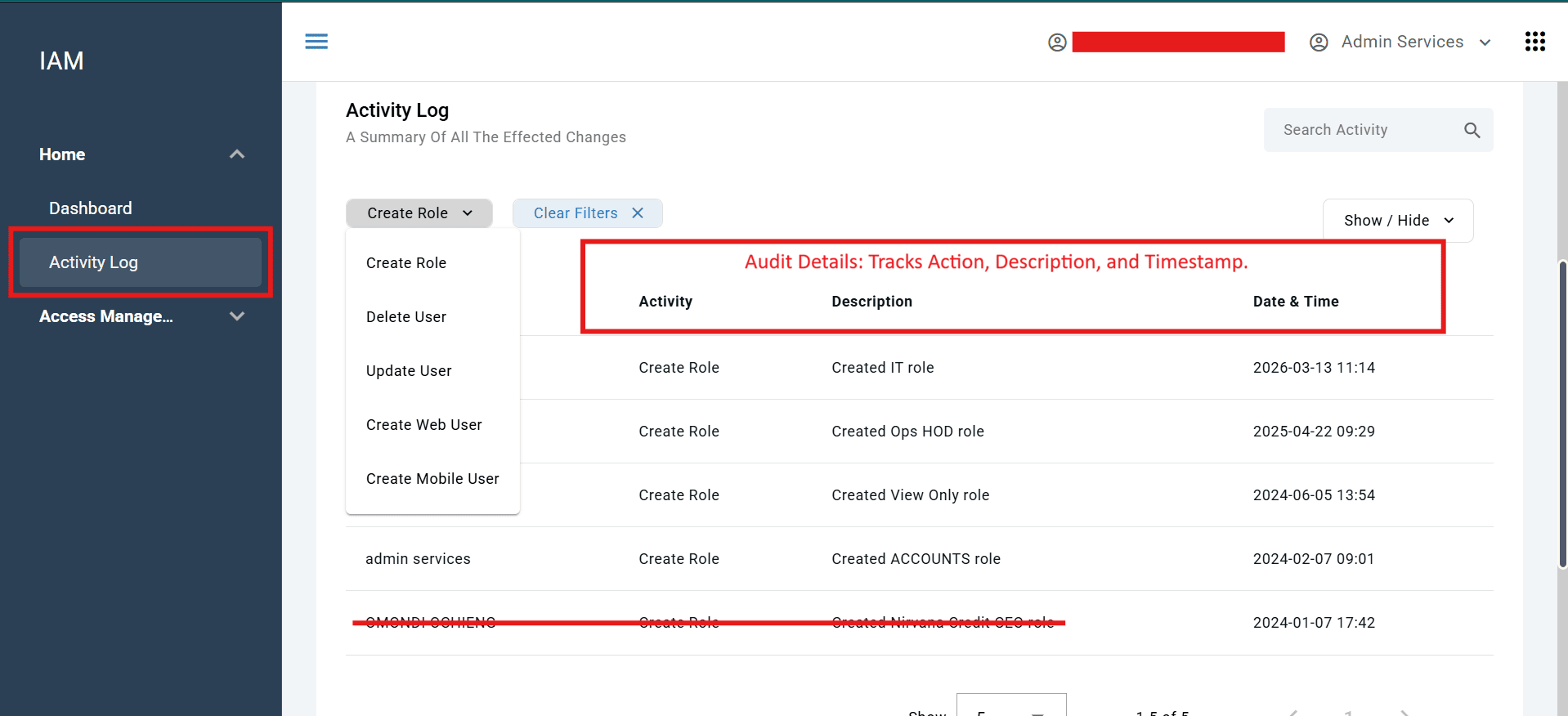 Figure 8.3 The IAM Activity Log provides a transparent audit trail of all system-wide changes, ensuring full accountability for every user action.
